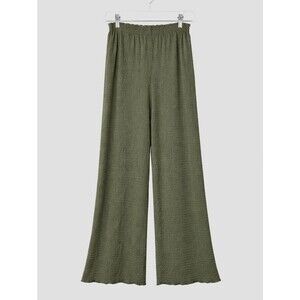 Mango MNG Olive Green Textured Pull On Soft Crinkle Stretch Chic Wide Leg Pants
